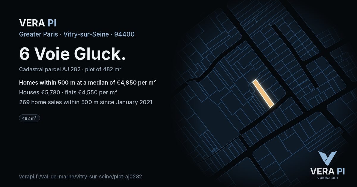 6 Voie Gluck, Vitry-sur-Seine at night – the plot lit, the parcels around coloured by the prices near them