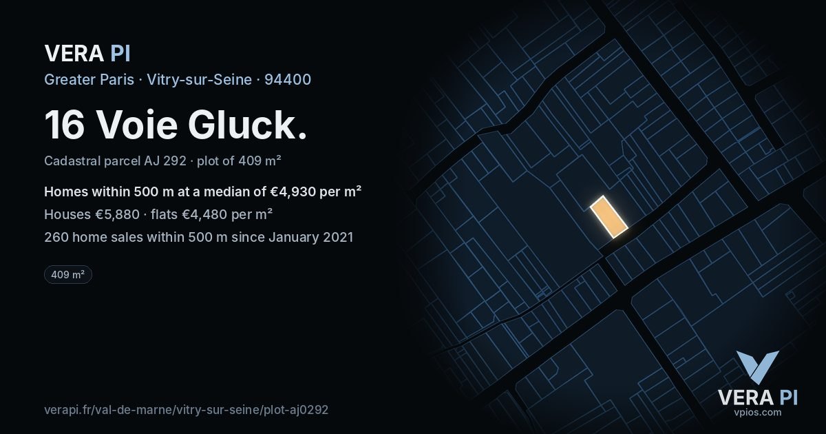 16 Voie Gluck, Vitry-sur-Seine at night – the plot lit, the parcels around coloured by the prices near them