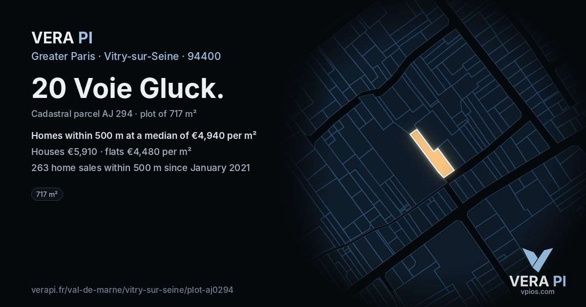 20 Voie Gluck, Vitry-sur-Seine at night – the plot lit, the parcels around coloured by the prices near them