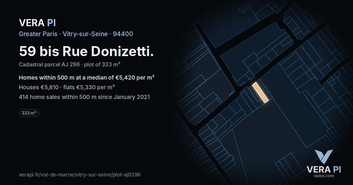 59 bis Rue Donizetti, Vitry-sur-Seine at night – the plot lit, the parcels around coloured by the prices near them