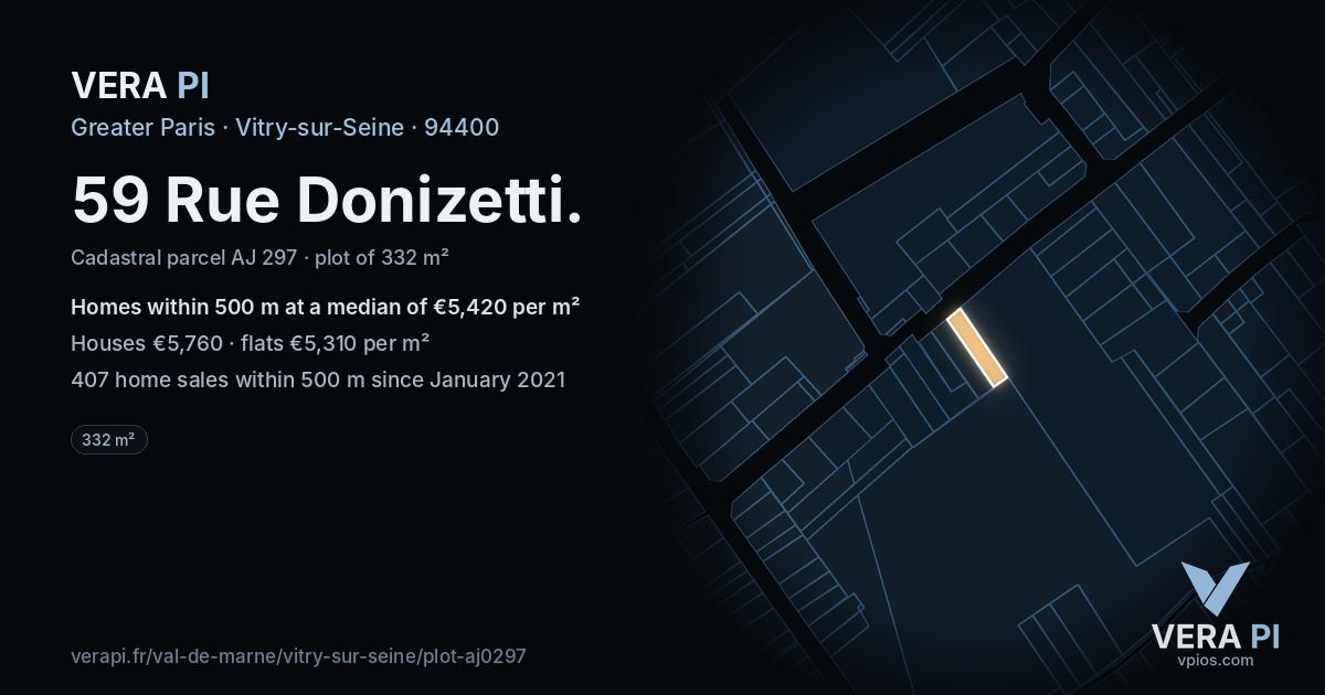 59 Rue Donizetti, Vitry-sur-Seine at night – the plot lit, the parcels around coloured by the prices near them
