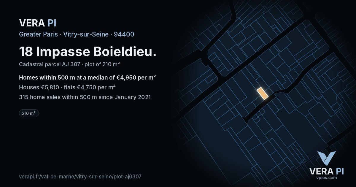 18 Impasse Boieldieu, Vitry-sur-Seine at night – the plot lit, the parcels around coloured by the prices near them