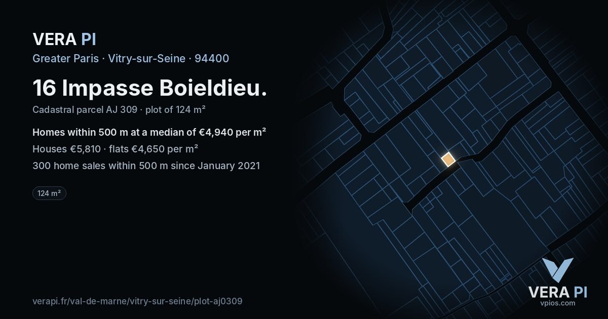 16 Impasse Boieldieu, Vitry-sur-Seine at night – the plot lit, the parcels around coloured by the prices near them