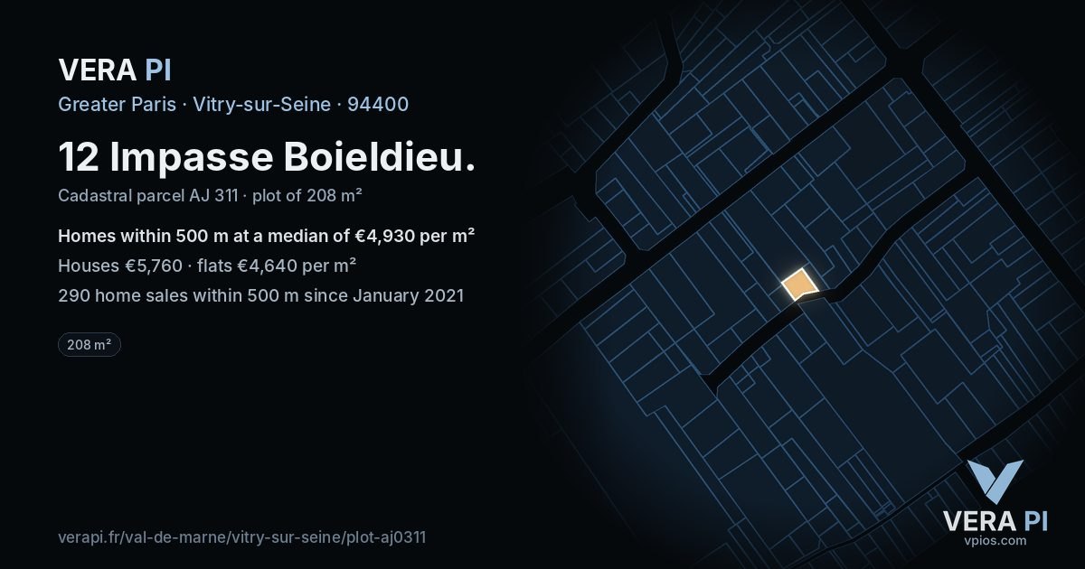 12 Impasse Boieldieu, Vitry-sur-Seine at night – the plot lit, the parcels around coloured by the prices near them