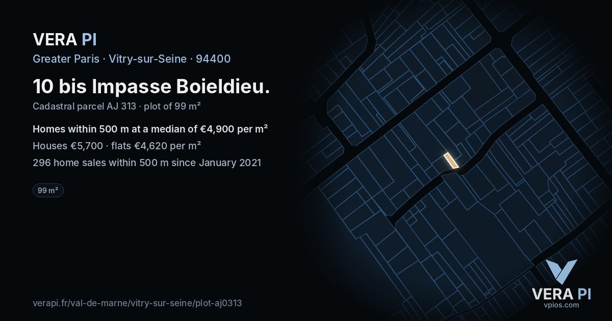 10 bis Impasse Boieldieu, Vitry-sur-Seine at night – the plot lit, the parcels around coloured by the prices near them