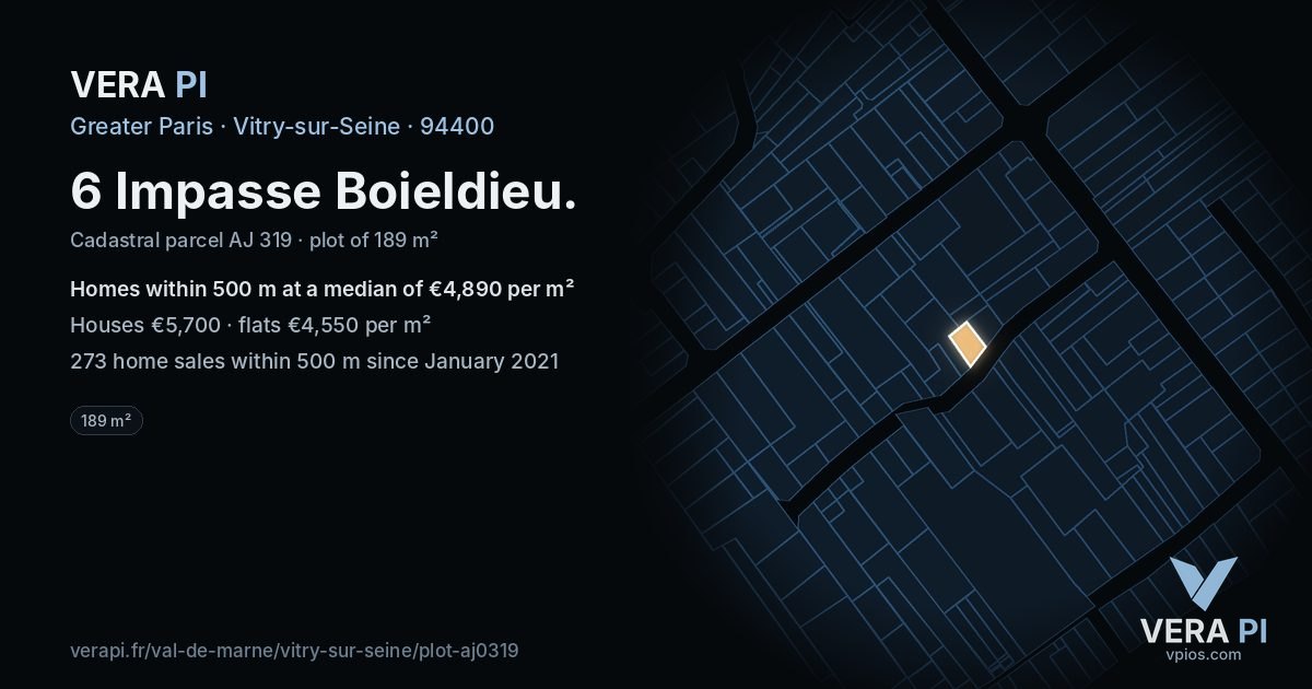 6 Impasse Boieldieu, Vitry-sur-Seine at night – the plot lit, the parcels around coloured by the prices near them