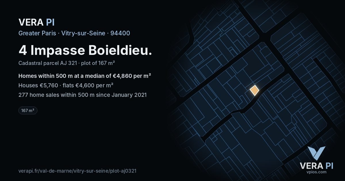4 Impasse Boieldieu, Vitry-sur-Seine at night – the plot lit, the parcels around coloured by the prices near them
