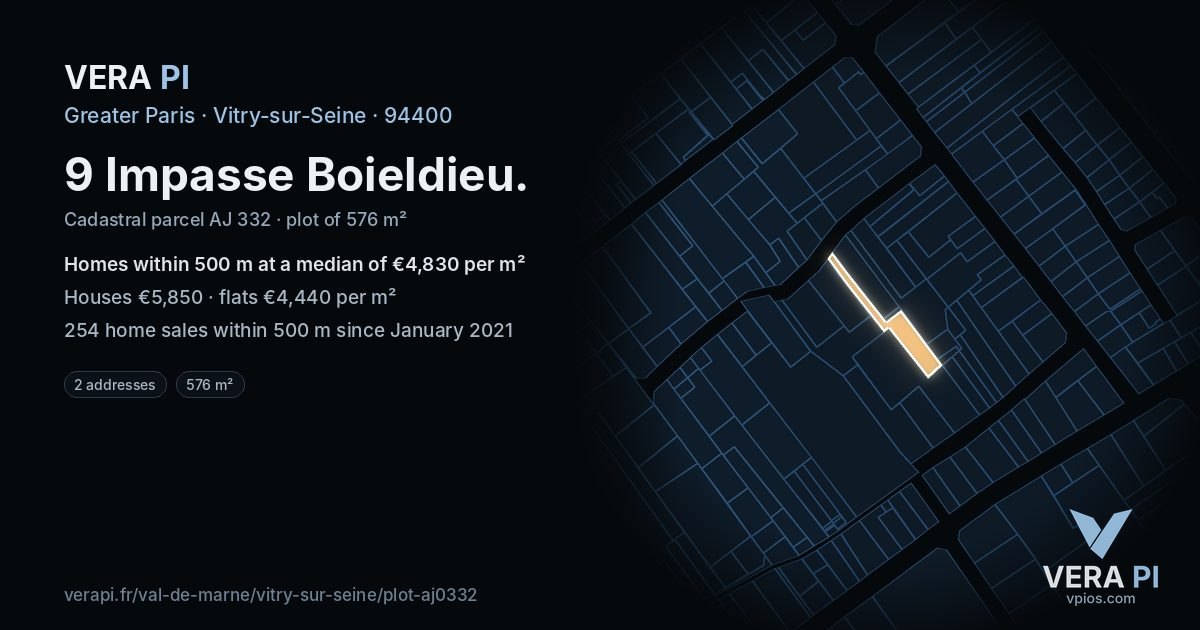 9 Impasse Boieldieu, Vitry-sur-Seine at night – the plot lit, the parcels around coloured by the prices near them