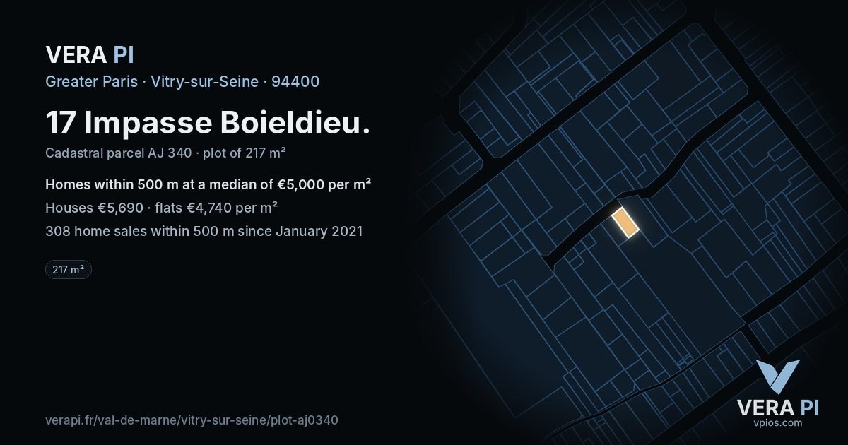 17 Impasse Boieldieu, Vitry-sur-Seine at night – the plot lit, the parcels around coloured by the prices near them