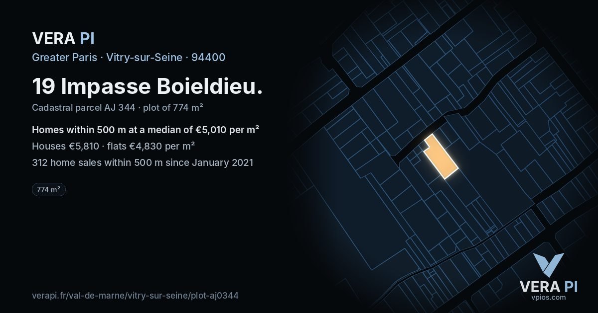 19 Impasse Boieldieu, Vitry-sur-Seine at night – the plot lit, the parcels around coloured by the prices near them
