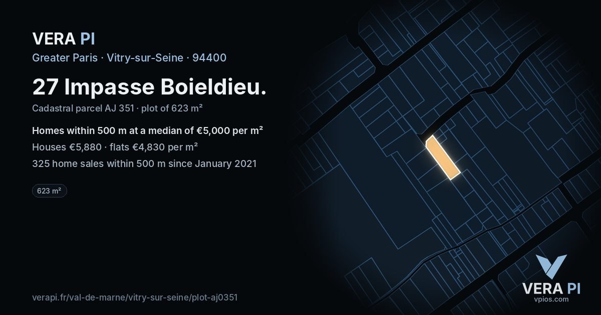 27 Impasse Boieldieu, Vitry-sur-Seine at night – the plot lit, the parcels around coloured by the prices near them