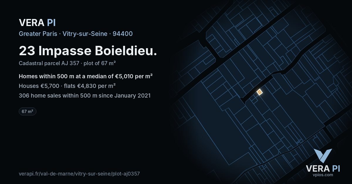 23 Impasse Boieldieu, Vitry-sur-Seine at night – the plot lit, the parcels around coloured by the prices near them