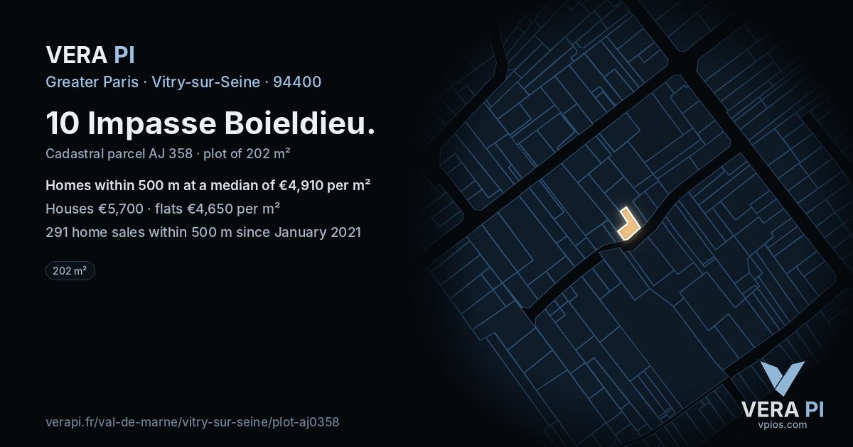 10 Impasse Boieldieu, Vitry-sur-Seine at night – the plot lit, the parcels around coloured by the prices near them
