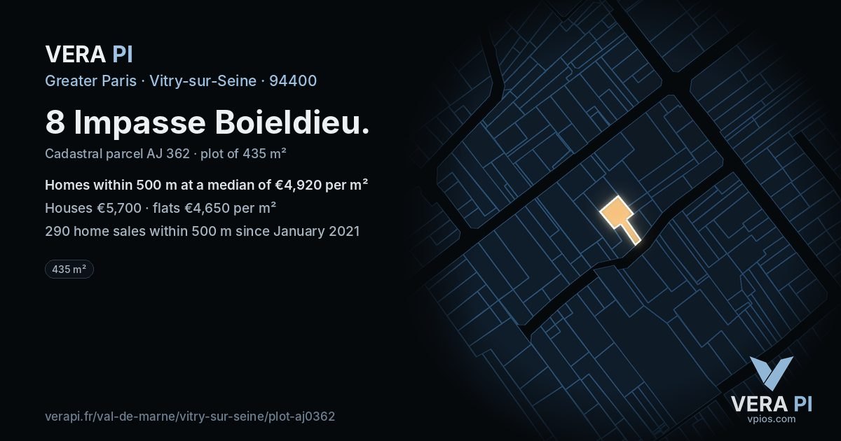 8 Impasse Boieldieu, Vitry-sur-Seine at night – the plot lit, the parcels around coloured by the prices near them