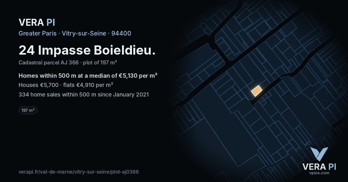 24 Impasse Boieldieu, Vitry-sur-Seine at night – the plot lit, the parcels around coloured by the prices near them