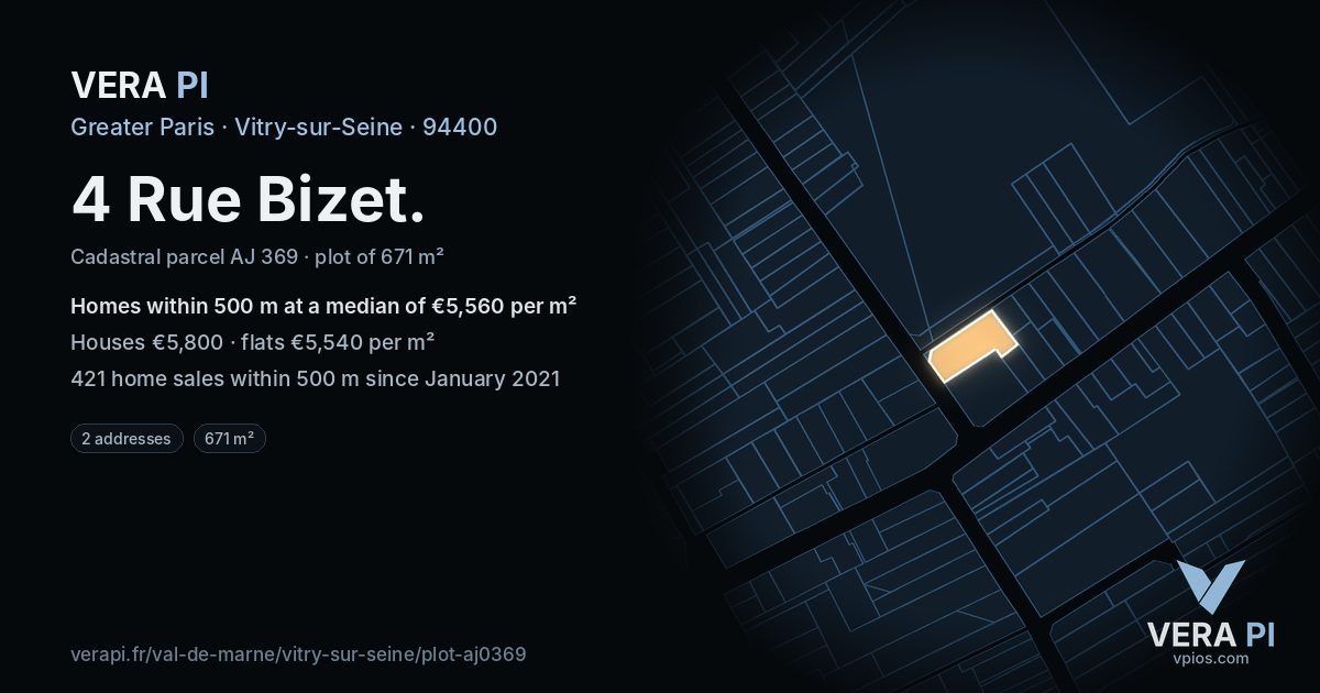 4 Rue Bizet, Vitry-sur-Seine at night – the plot lit, the parcels around coloured by the prices near them