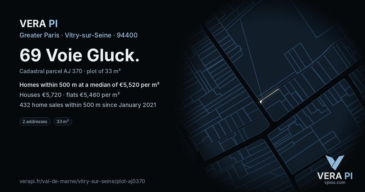 69 Voie Gluck, Vitry-sur-Seine at night – the plot lit, the parcels around coloured by the prices near them