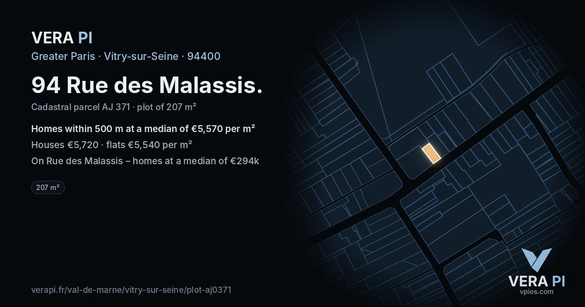 94 Rue des Malassis, Vitry-sur-Seine at night – the plot lit, the parcels around coloured by the prices near them