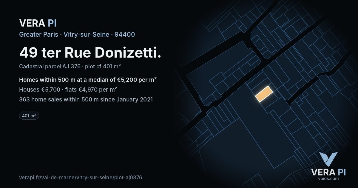 49 ter Rue Donizetti, Vitry-sur-Seine at night – the plot lit, the parcels around coloured by the prices near them