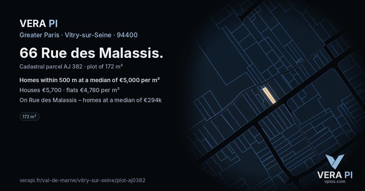 66 Rue des Malassis, Vitry-sur-Seine at night – the plot lit, the parcels around coloured by the prices near them