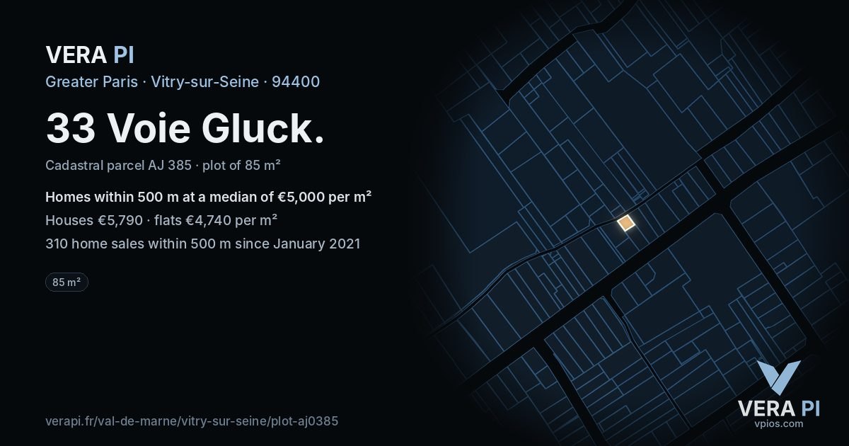 33 Voie Gluck, Vitry-sur-Seine at night – the plot lit, the parcels around coloured by the prices near them