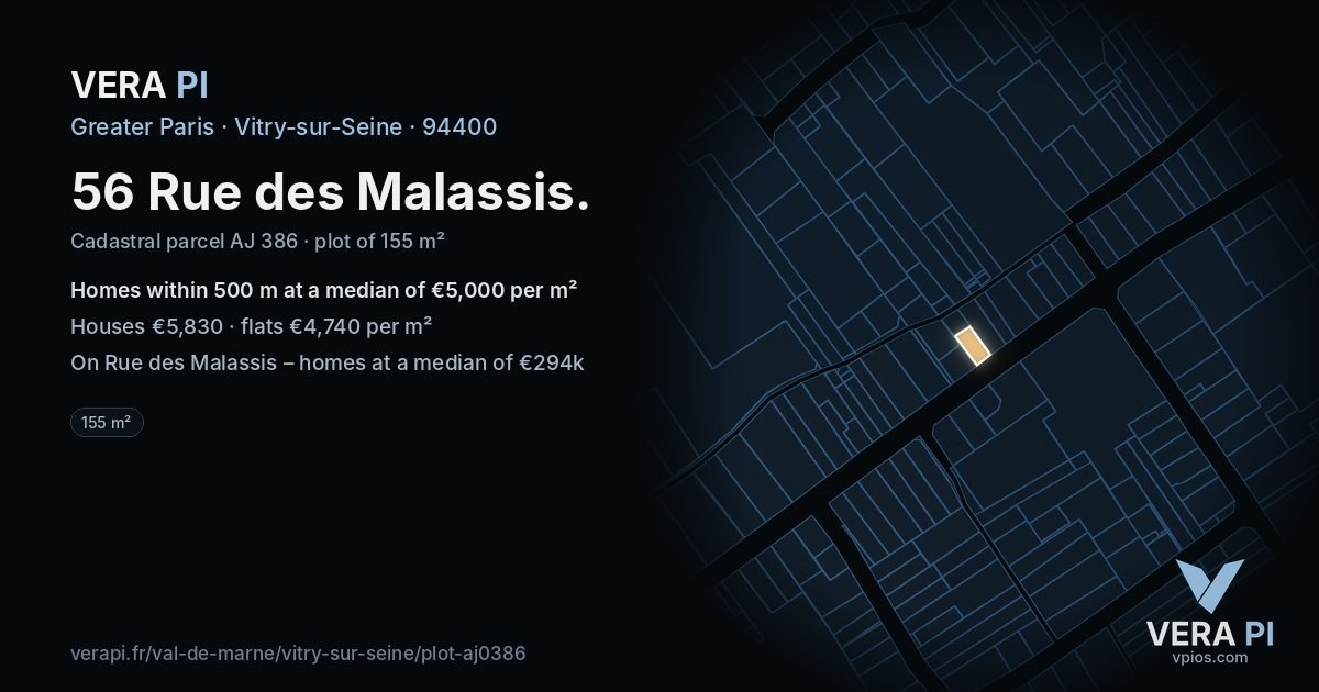 56 Rue des Malassis, Vitry-sur-Seine at night – the plot lit, the parcels around coloured by the prices near them