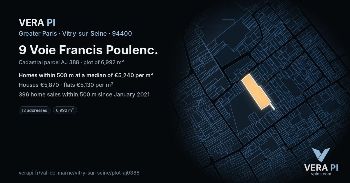 9 Voie Francis Poulenc, Vitry-sur-Seine at night – the plot lit, the parcels around coloured by the prices near them