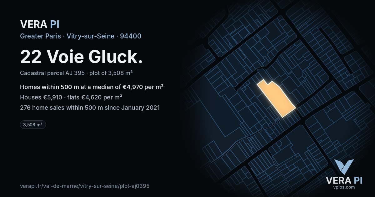 22 Voie Gluck, Vitry-sur-Seine at night – the plot lit, the parcels around coloured by the prices near them
