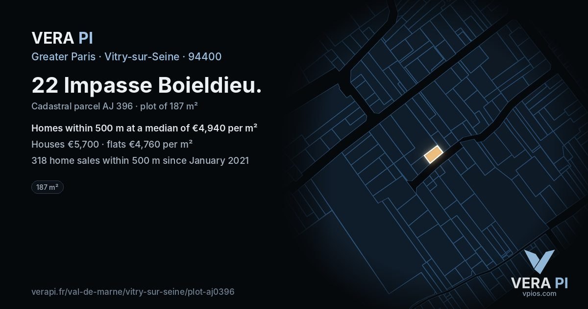 22 Impasse Boieldieu, Vitry-sur-Seine at night – the plot lit, the parcels around coloured by the prices near them