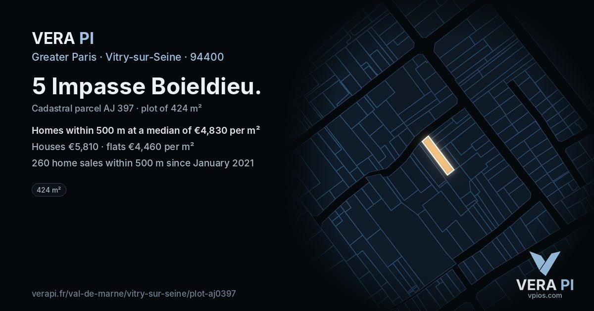 5 Impasse Boieldieu, Vitry-sur-Seine at night – the plot lit, the parcels around coloured by the prices near them