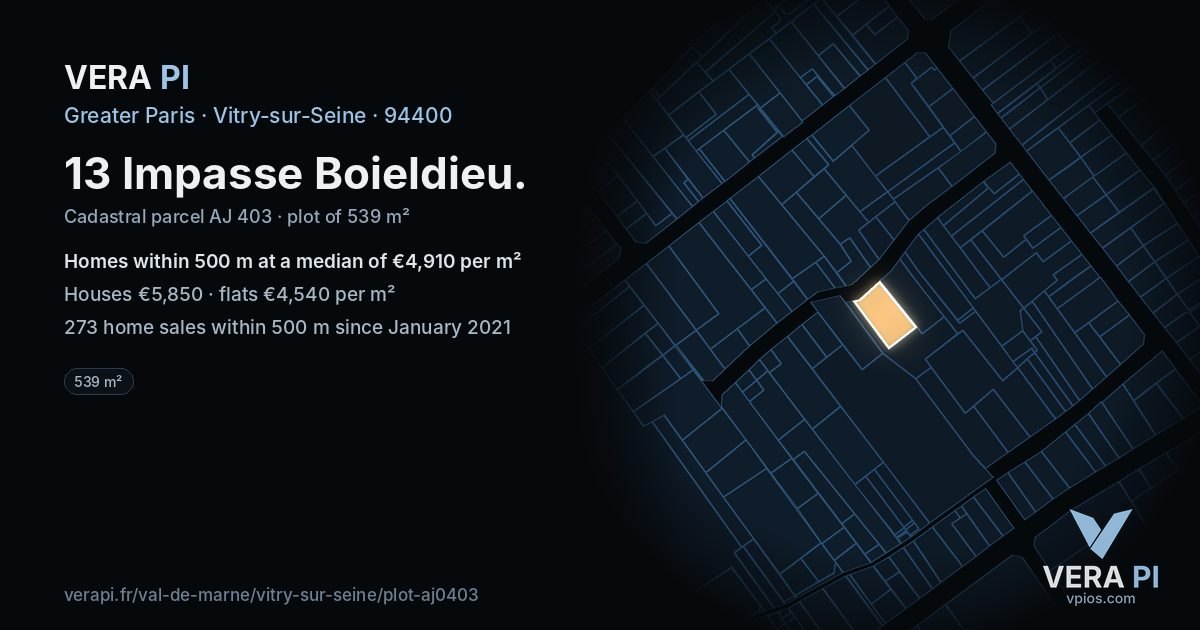 13 Impasse Boieldieu, Vitry-sur-Seine at night – the plot lit, the parcels around coloured by the prices near them