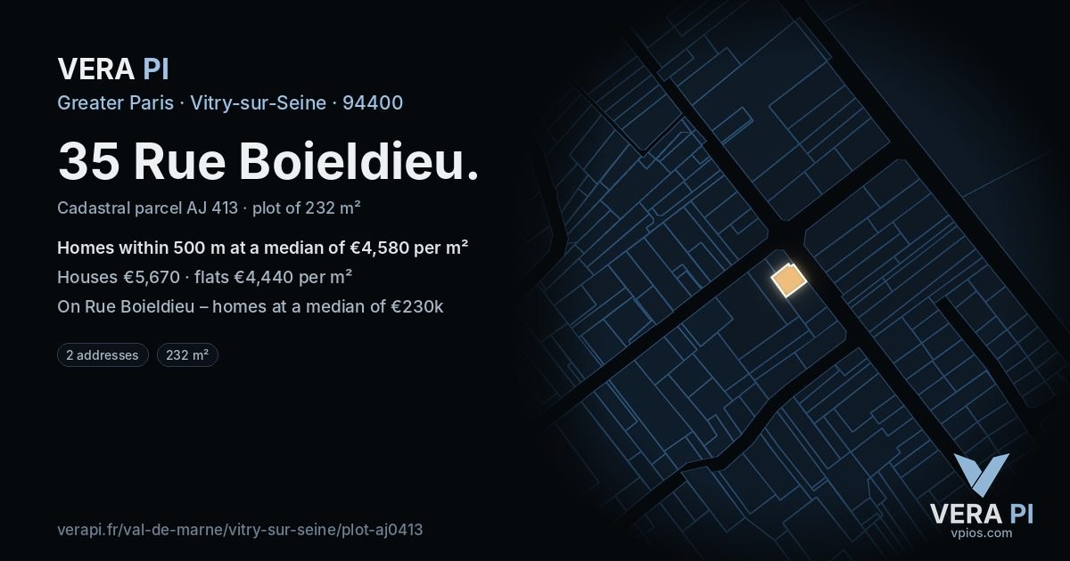 35 Rue Boieldieu, Vitry-sur-Seine at night – the plot lit, the parcels around coloured by the prices near them