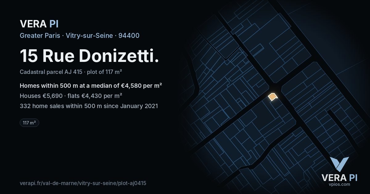 15 Rue Donizetti, Vitry-sur-Seine at night – the plot lit, the parcels around coloured by the prices near them