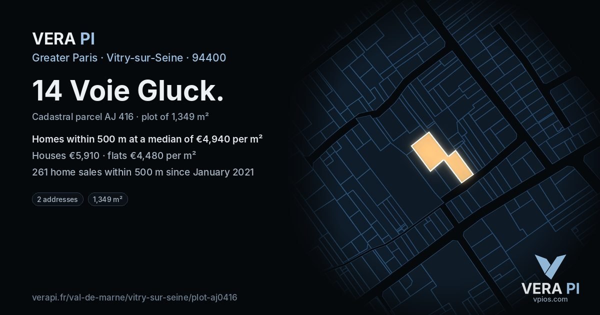 14 Voie Gluck, Vitry-sur-Seine at night – the plot lit, the parcels around coloured by the prices near them
