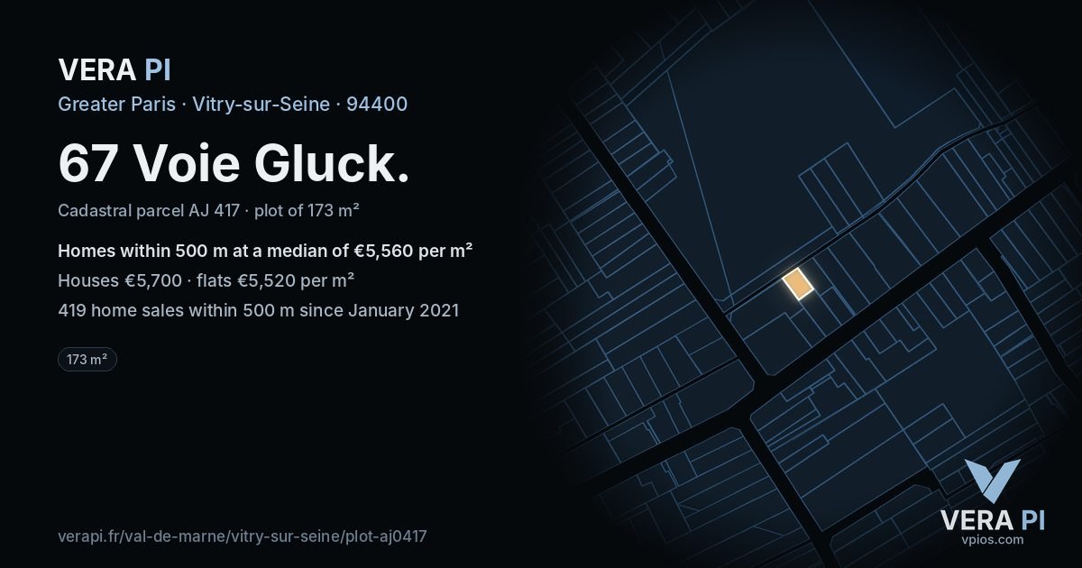 67 Voie Gluck, Vitry-sur-Seine at night – the plot lit, the parcels around coloured by the prices near them
