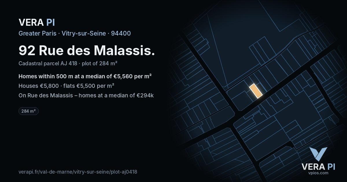 92 Rue des Malassis, Vitry-sur-Seine at night – the plot lit, the parcels around coloured by the prices near them