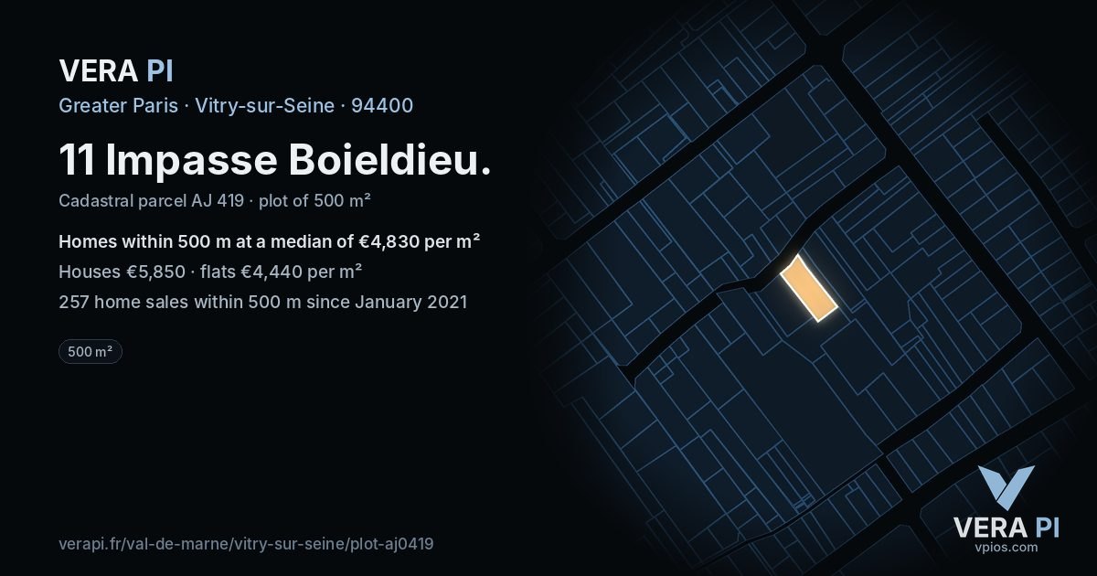 11 Impasse Boieldieu, Vitry-sur-Seine at night – the plot lit, the parcels around coloured by the prices near them