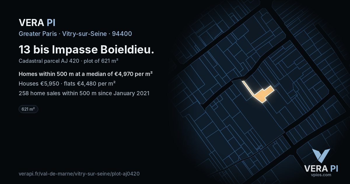 13 bis Impasse Boieldieu, Vitry-sur-Seine at night – the plot lit, the parcels around coloured by the prices near them