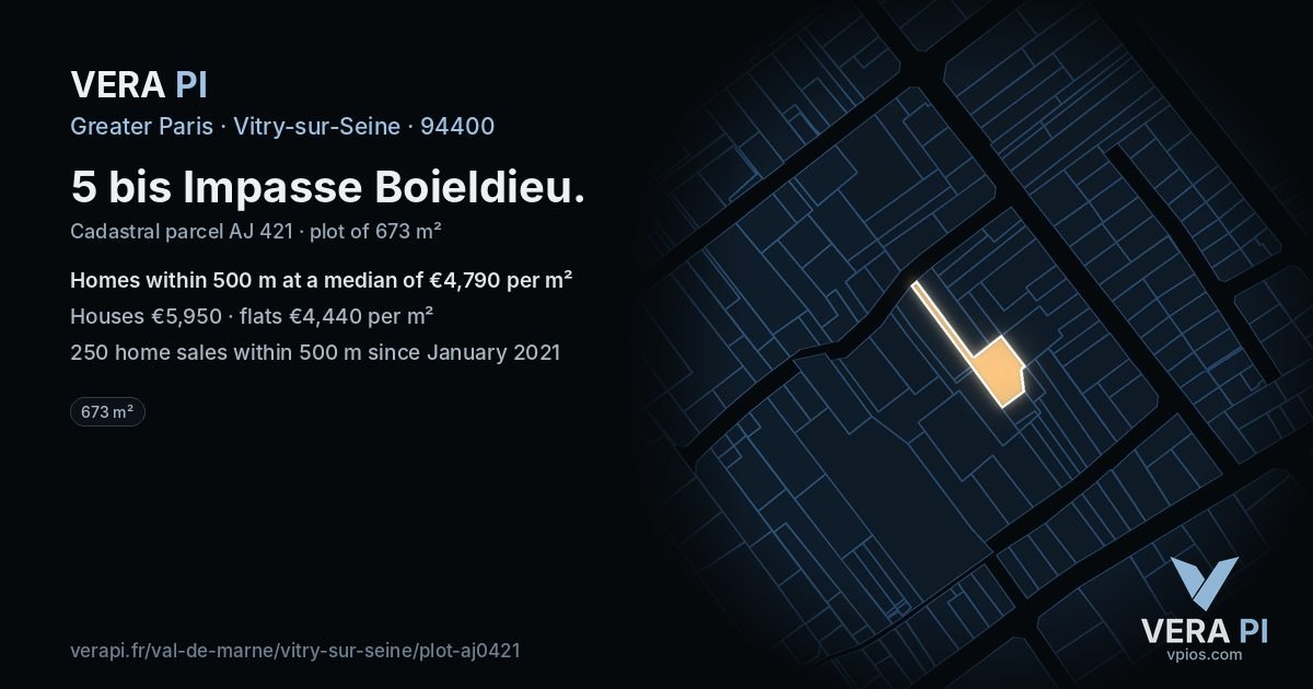 5 bis Impasse Boieldieu, Vitry-sur-Seine at night – the plot lit, the parcels around coloured by the prices near them