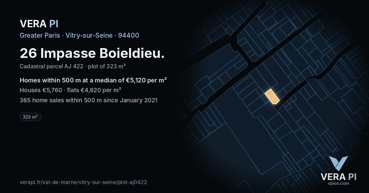 26 Impasse Boieldieu, Vitry-sur-Seine at night – the plot lit, the parcels around coloured by the prices near them