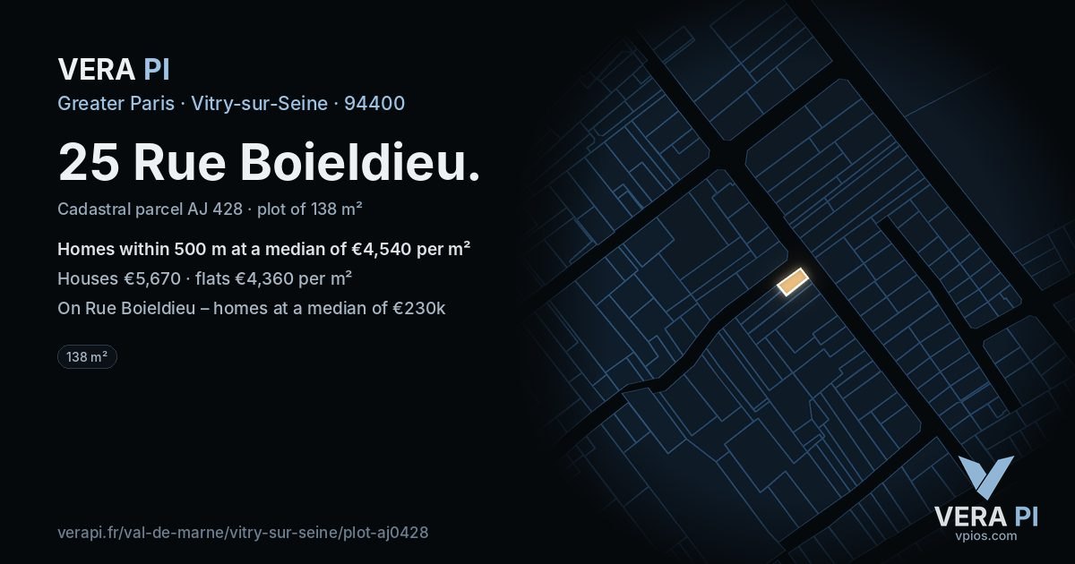 25 Rue Boieldieu, Vitry-sur-Seine at night – the plot lit, the parcels around coloured by the prices near them