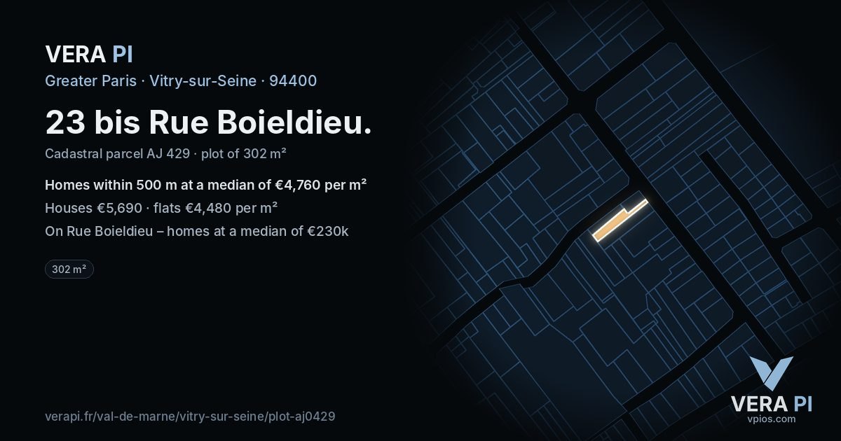 23 bis Rue Boieldieu, Vitry-sur-Seine at night – the plot lit, the parcels around coloured by the prices near them