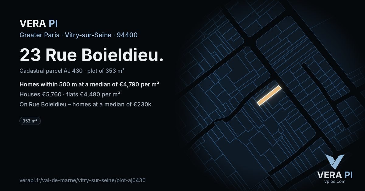 23 Rue Boieldieu, Vitry-sur-Seine at night – the plot lit, the parcels around coloured by the prices near them