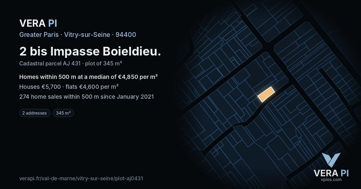 2 bis Impasse Boieldieu, Vitry-sur-Seine at night – the plot lit, the parcels around coloured by the prices near them
