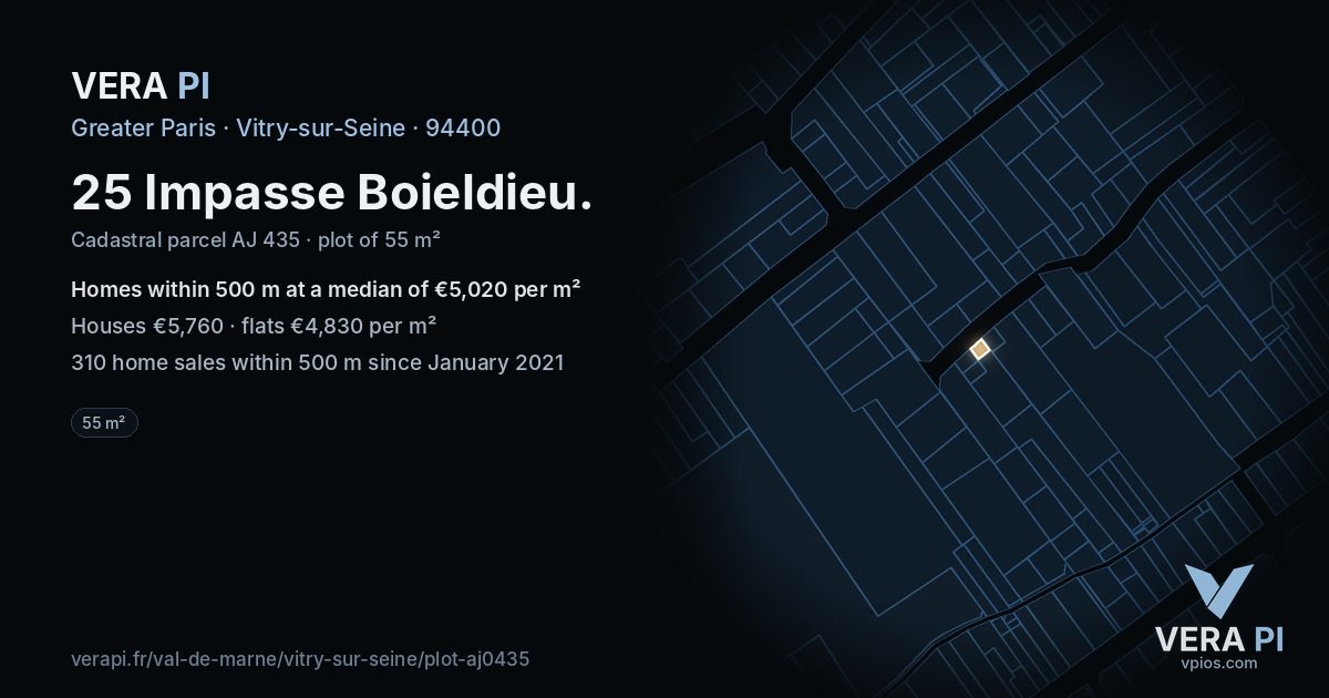 25 Impasse Boieldieu, Vitry-sur-Seine at night – the plot lit, the parcels around coloured by the prices near them