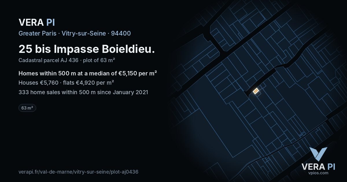 25 bis Impasse Boieldieu, Vitry-sur-Seine at night – the plot lit, the parcels around coloured by the prices near them