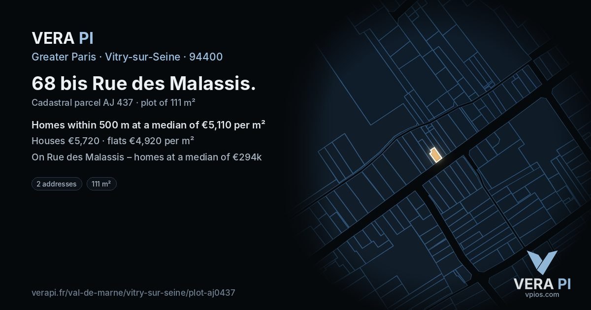 68 bis Rue des Malassis, Vitry-sur-Seine at night – the plot lit, the parcels around coloured by the prices near them