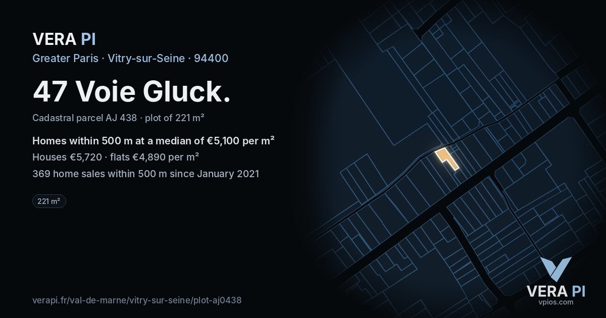 47 Voie Gluck, Vitry-sur-Seine at night – the plot lit, the parcels around coloured by the prices near them