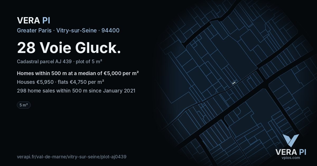 28 Voie Gluck, Vitry-sur-Seine at night – the plot lit, the parcels around coloured by the prices near them