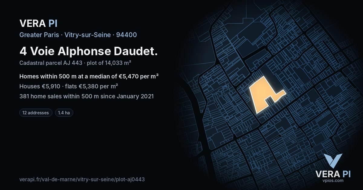 4 Voie Alphonse Daudet, Vitry-sur-Seine at night – the plot lit, the parcels around coloured by the prices near them